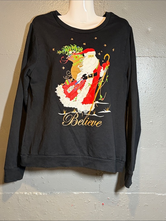 Holiday Time Tops - Holiday Time Black Crewneck Sweater with Santa ‘Believe’ Graphic